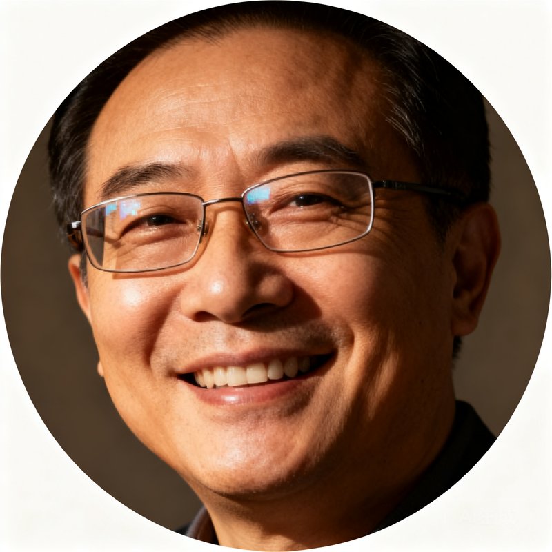 创始人张明远圆形头像，戴着眼镜微笑的中年男性